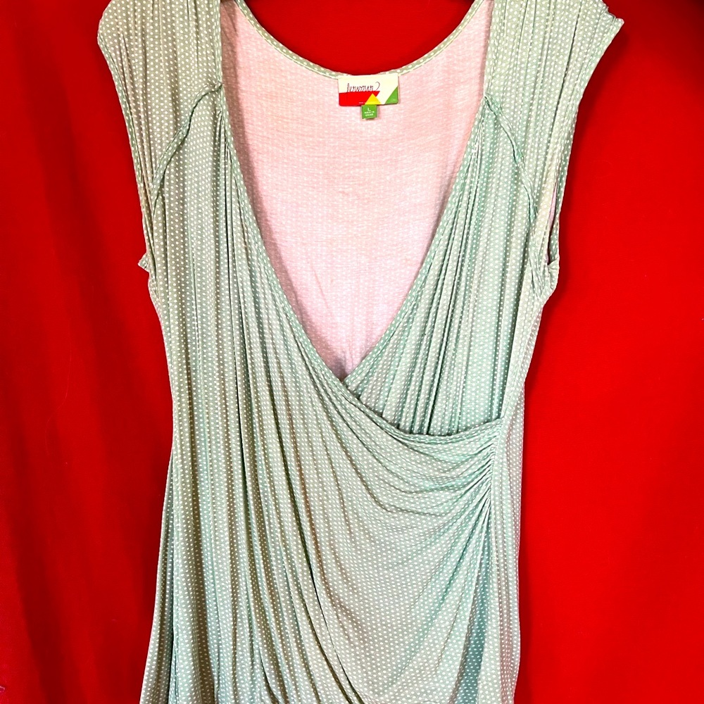 Mint Green/white dots Mock Wrap T Size L